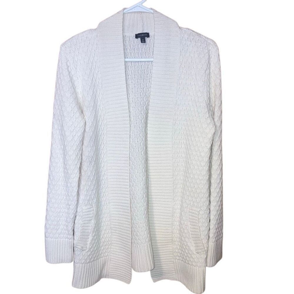 Talbots Cream Diamond Knit Patterned Open Front Cardigan Lambswool Blend Medium